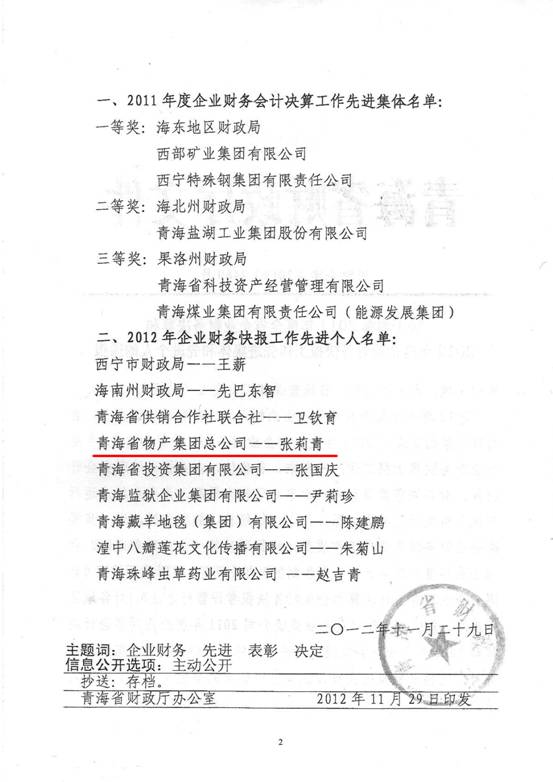物產(chǎn)集團(tuán)榮獲2011年度財(cái)務(wù)決算先進(jìn)單位、2012年度財(cái)務(wù)快報(bào)工作先進(jìn)個(gè)人表彰